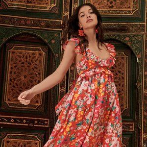 Waverly Floral Lizbeth Ruffle Back Tie Midi Dress